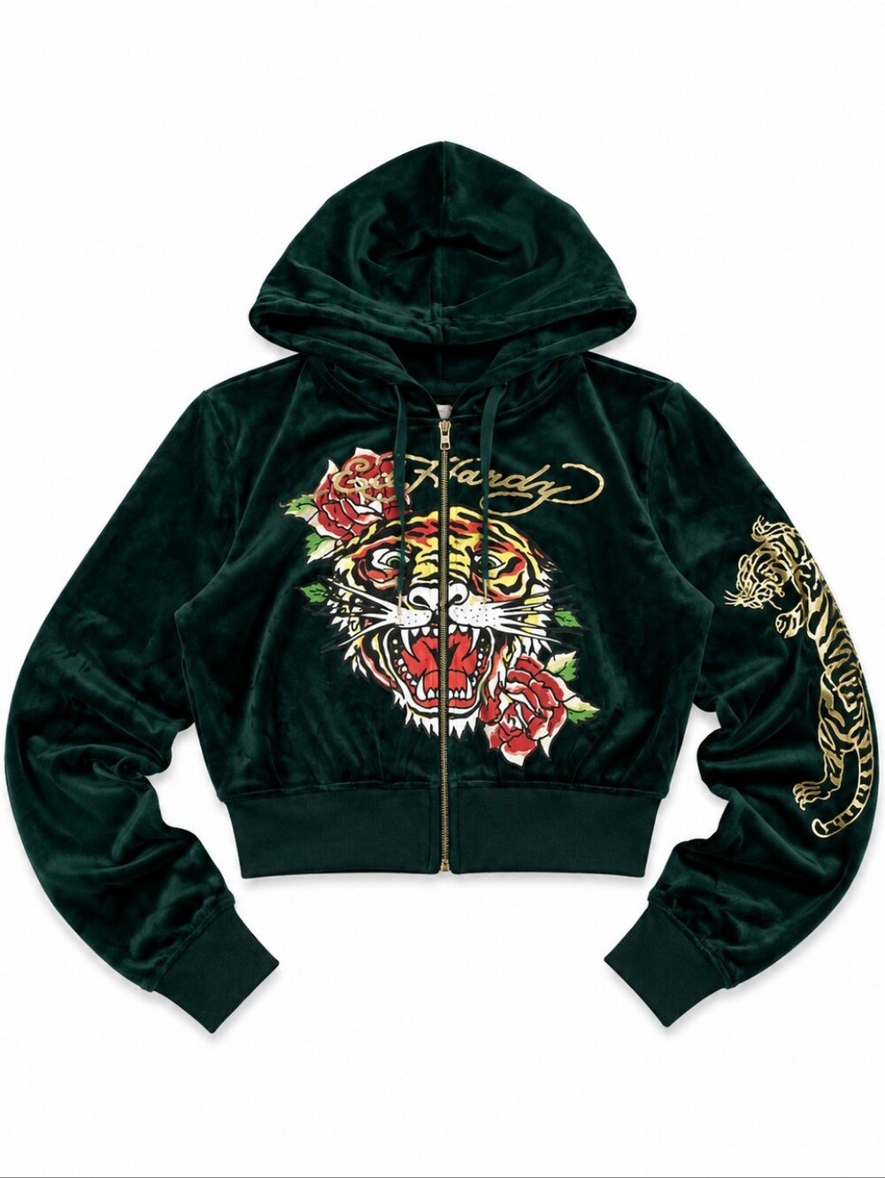 2PC SET ED HARDY Velour Tracksuit Green Tiger WIDE LEG Hoodie Joggers MEDIUM NWT - Picture 3 of 8